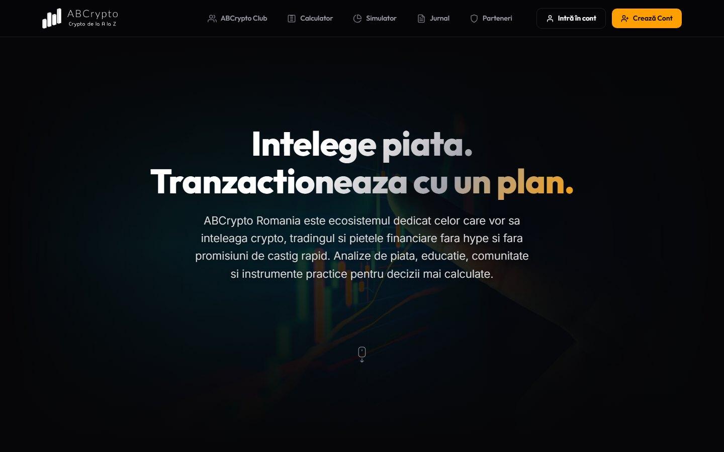 ABCrypto Romania homepage — crypto education platform with club, calculator and account access