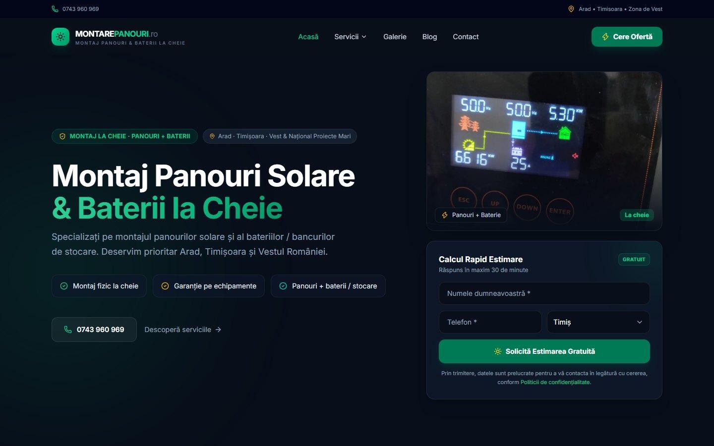 MontarePanouri.ro homepage — solar panel and battery installation lead generation site