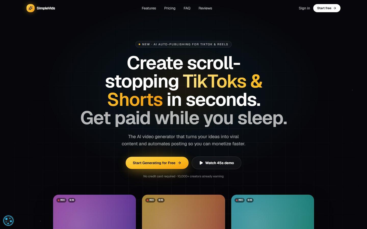 SimpleVids marketing site — AI generator for TikToks, Shorts and Reels
